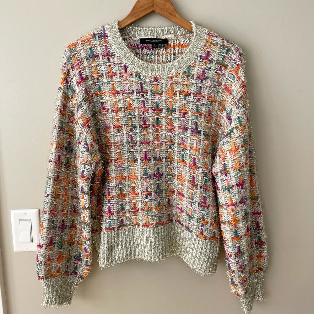 Marc New York Sz Small Sweater Plaid Sparkle Tinsel Holiday Confetti Celebrate
